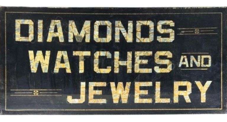 Glass Panel Sign "Diamonds, Watches and Jewelry", Gold & Mother of Pear Lettering, Single Sided image