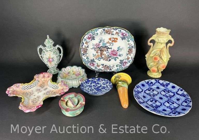 Group of China Vases, Blue and White Plates, Noritake Wall Pocket, Etc. image