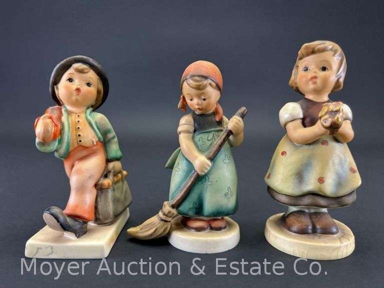 (3) Hummel Figurines: "For Father" 257, "Little Sweeper" 171, and "Merry Wanderer" 11/0, 4.5"-5.25"h image
