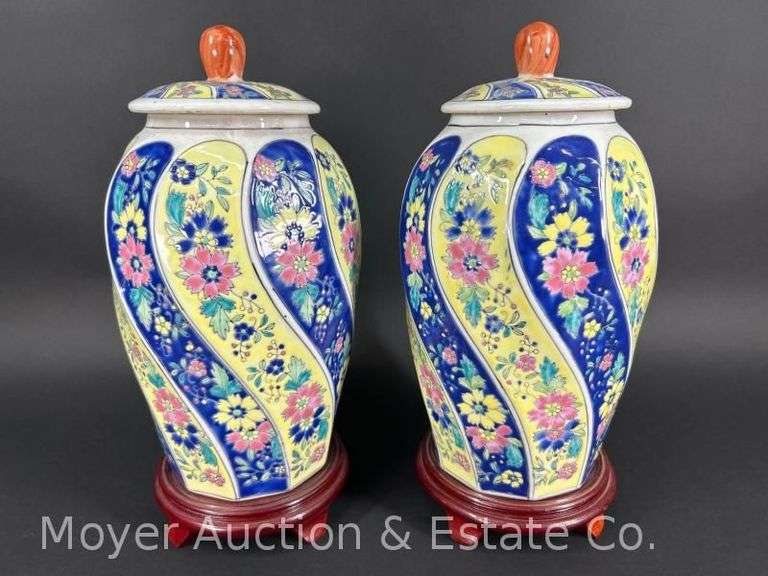 Pair of Oriental Style Lidded Jars, with Pedestals, Jars are 13"h image