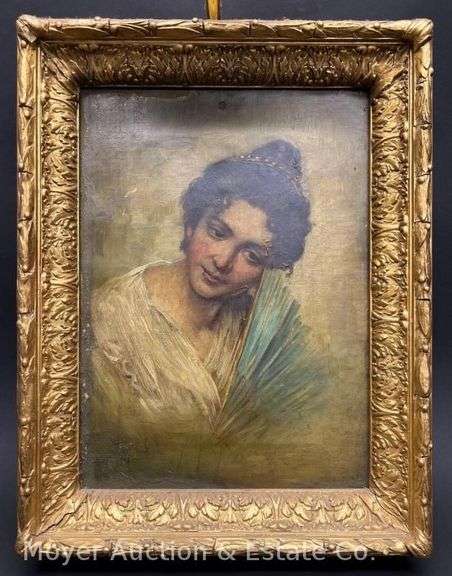 Portrait Painting on Canvas of Woman, Unsigned, Antique, Nice Original Frame, with Light image