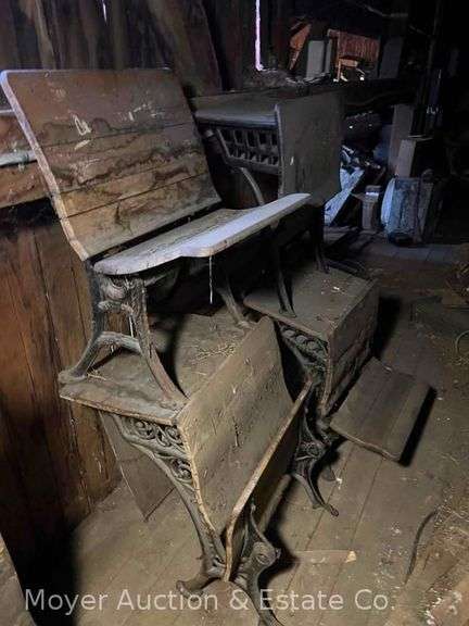 (4) Antique School Desks/Benches, Asst. Styles, Cast Iron Legs image