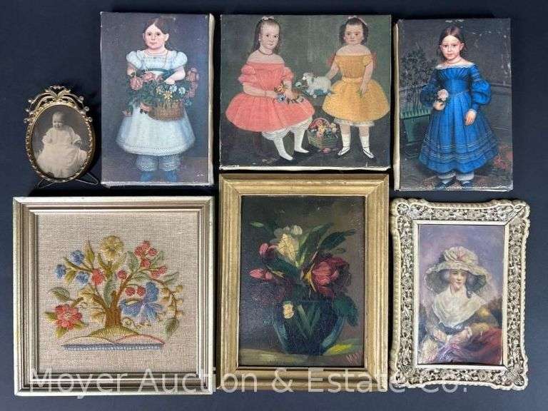 Group of Small Canvas Prints of Girls, Floral Still Life Painting, Needlepoint, Etc. image