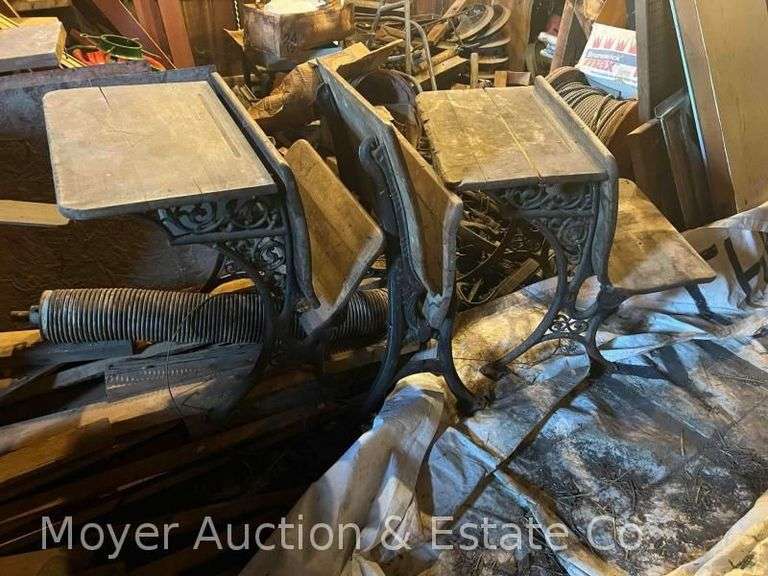 (2) Antique School Desks & 1 Drop-Down Seat, Cast Iron Sides image