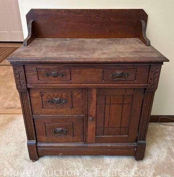 Oak Wash Stand with Owl Drawer Pulls, Backsplash, Pin & Cove Joinery, Antique, 31"w image