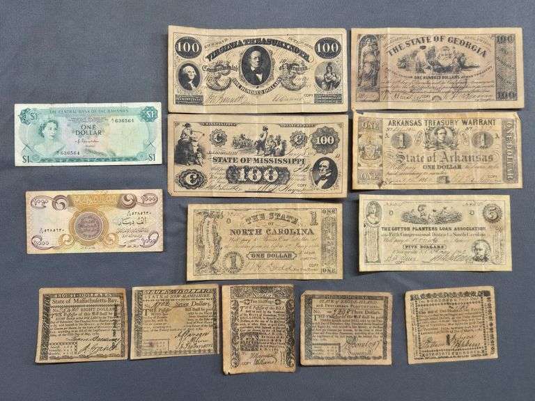 Nice Collection of Old State Bills (copies) + Iraq 1,000 Dinars + Bahamas $1 image
