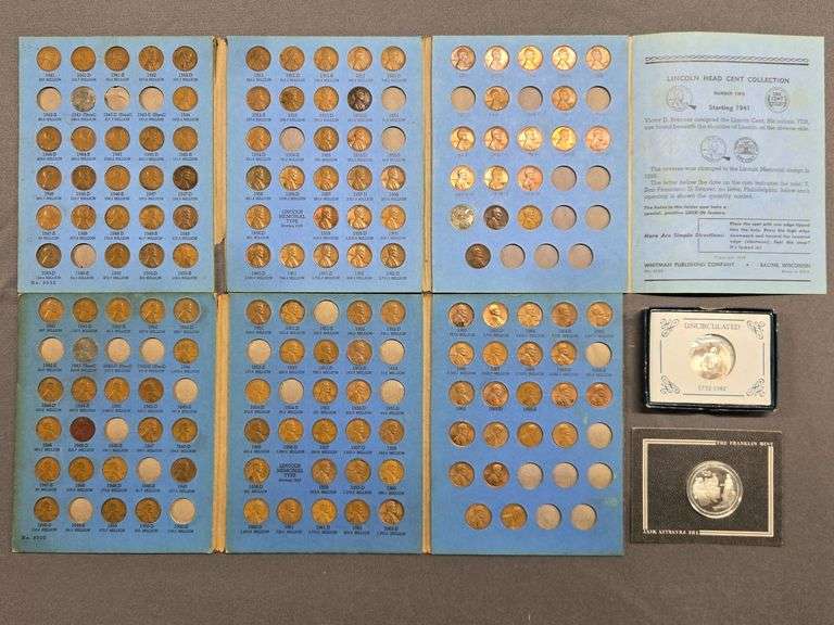 1982 George Washington Silver Half Dollar + 2 Lincoln #2 books with 82 Wheat Cents & 57 Memorial Cents + Franklin mint 25￠coin image