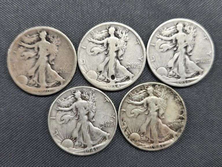 5 Walking Liberty Half Dollars - 1920-P, 1934-D, 1936-P, (2) 1941-P image