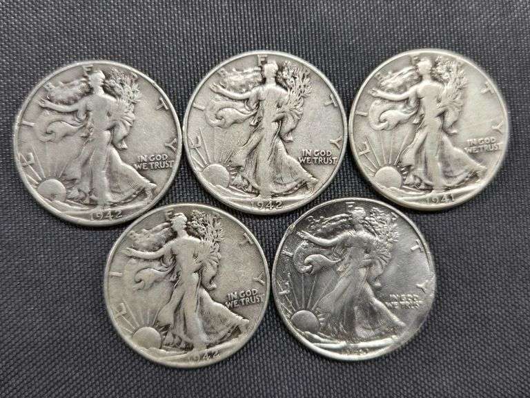 5 Walking Liberty Half Dollars - 1941-P, 1942-D, (2) 1941-P, 1943-P image