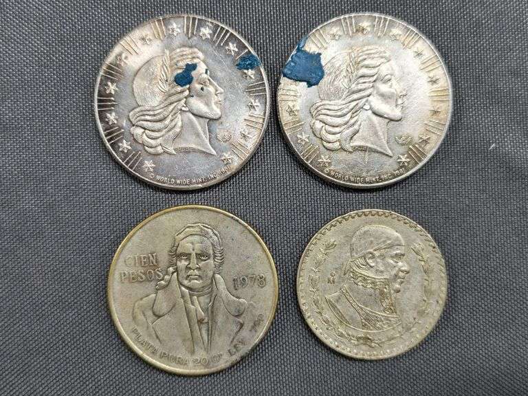 2 World Wide Mint 1 oz Silver Coins + 1978 Mexican Silver Cien Pesos coin + 1966 Silver Un Peso coin image