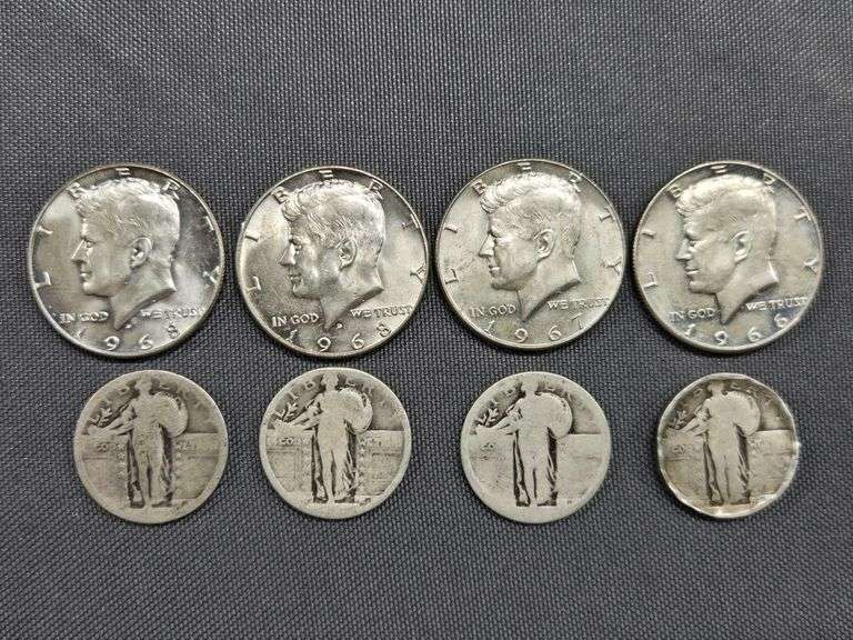 (4) 40% Silver Kennedy Half Dollars + 4 Standing Liberty Quarters - No Dates image