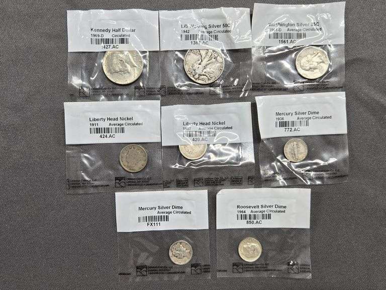 (1) 40% Silver Kennedy Half + 1 Walking Liberty Half + 1 Silver Quarter + 1 Silver Roosevelt Dime + 2 Mercury Dimes + 2 Liberty Nickels - 1907 & 1911 image