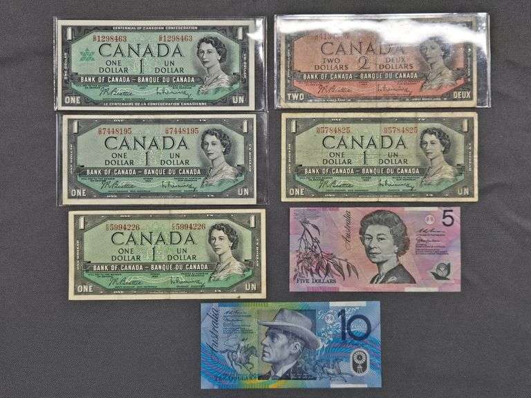 $10 Australian Bill + $5 Australian Bill + $1 Canadian Bill - 1967 + 3 Canadian $1 Bills - 1954 + Canadian $2 Bill - 1954 image