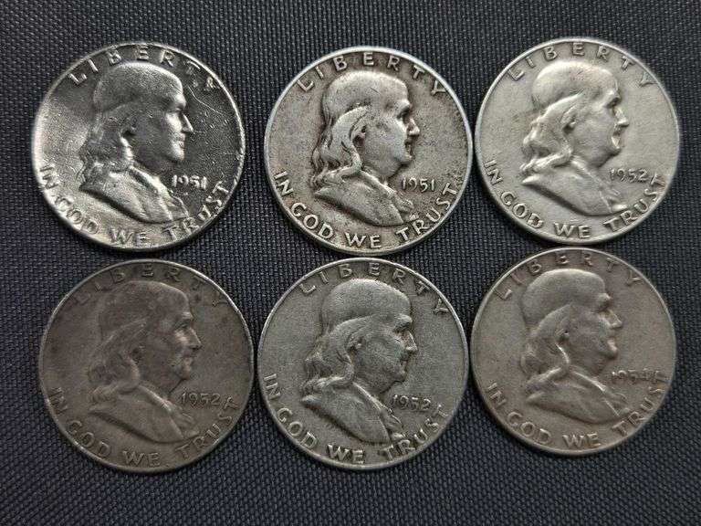 6 Franklin Half Dollars - 1951-P, 1951-S, (3) 1952-D, 1954-P image