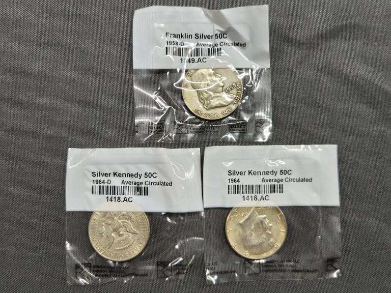 1958-D Franklin Half Dollar + (2) 1964 Kennedy Half Dollars image
