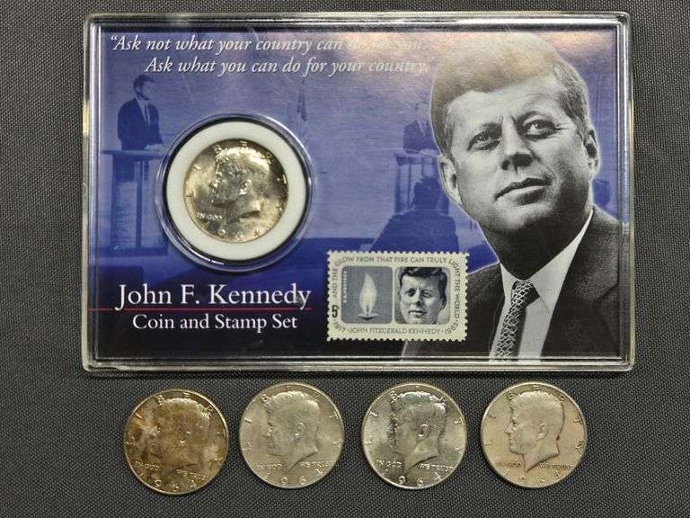 1964-D Kennedy Coin & Stamp set + (4) 1964-P Half Dollars (uncirculated) image