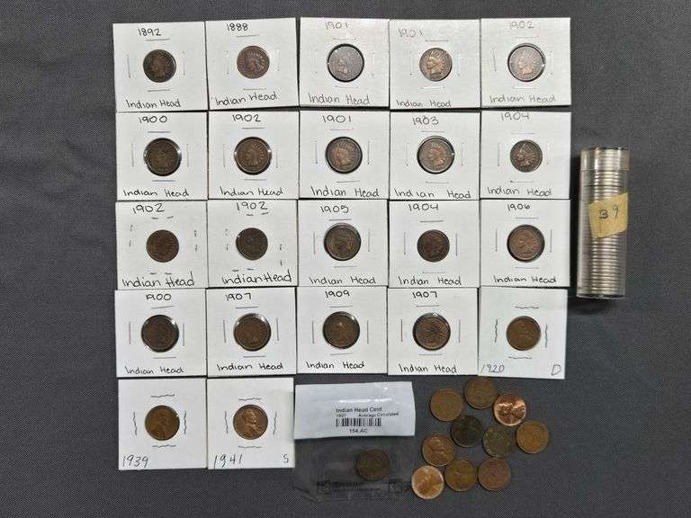 22 Indian Head Pennies - 1888-1909 + 11 Wheat Pennies + Tube 1939-P Jefferson nickels image