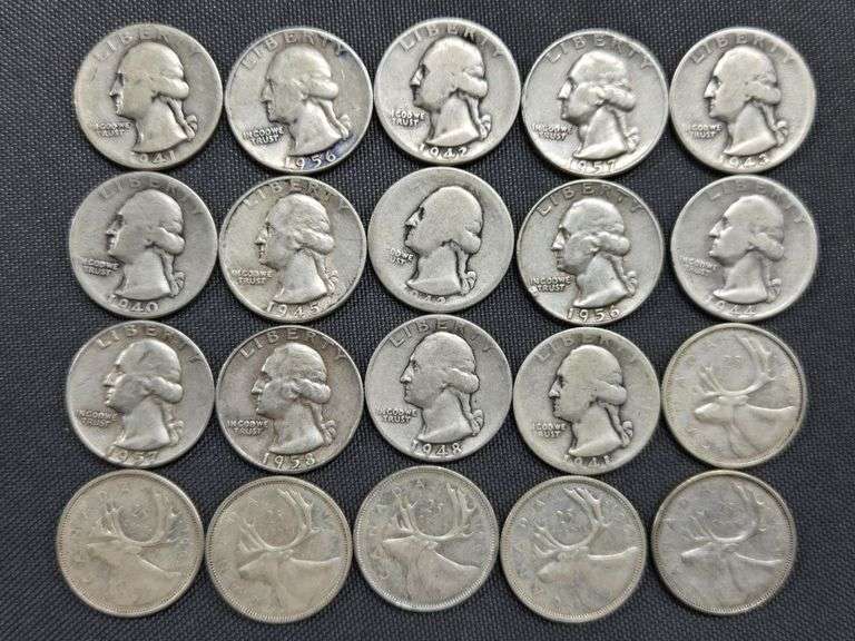 14 Washington Quarters - 1940’s & 1950’s + 6 Canadian Silver Quarters - 1960-1964 image