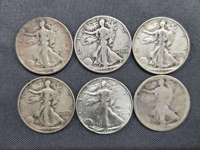 6 Walking Liberty Half Dollars - (2) 1944-P, 1945-P, (2) 1946-P, (1) No Date image