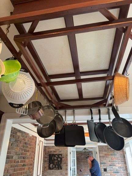 Skillets Pans Strainers contents of ceiling rack image