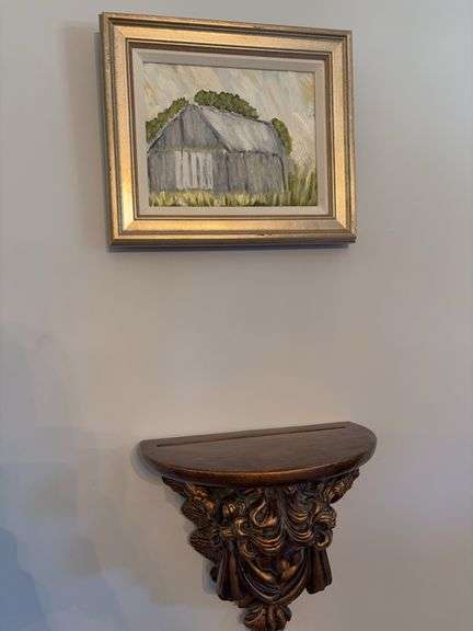 Plate Display Shelf and Framed Canvas Painting  - 14” x 12” image