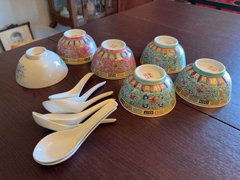Painted Soup Bowls and Spoons image