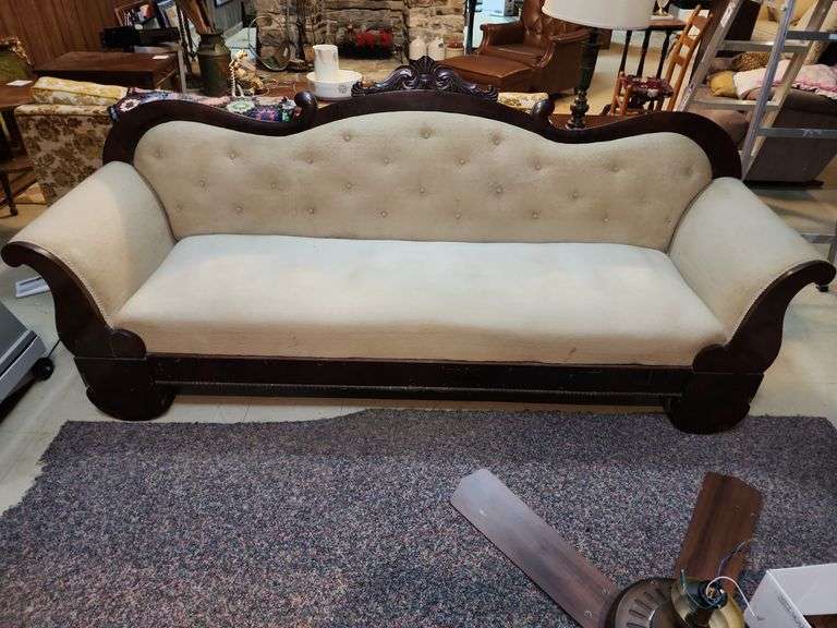Victorian Sofa with Tufted Upholstery and Carved Wood Frame 86"x27"x38" image