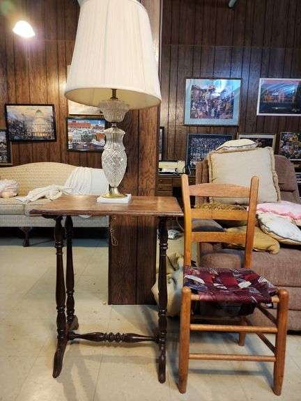 Wooden Side Table 24"x15"x29", Table Lamp with Glass Body and Highback Chair with Necktie Seat image