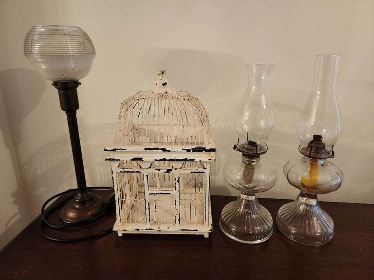 Assorted Home Decor - Desk Lamp, Metal Cage and 2 Oil Lamps image