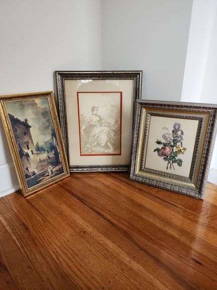 3 Framed Prints - Floral Arrangement, Female and Child, Cityscape image