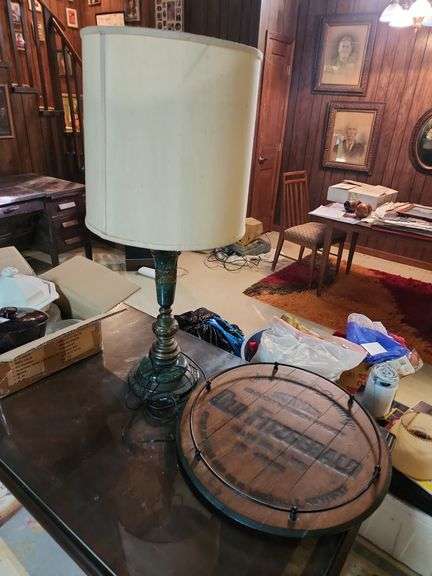 Vintahe Granite/Brass Table Lamp and Old Fitzgerald Bourbon Barrel Lid image