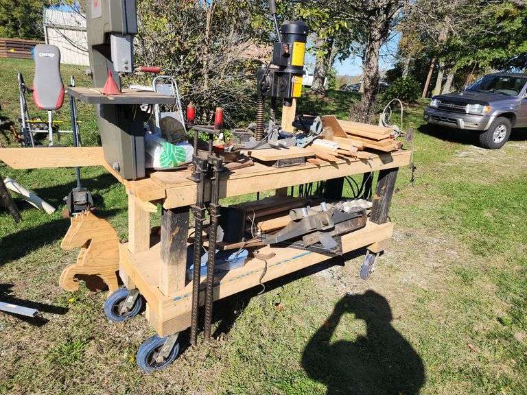 Shop Cart and Contents - Shop Smith Band Saw, Table Vice, Mortifying Machine image