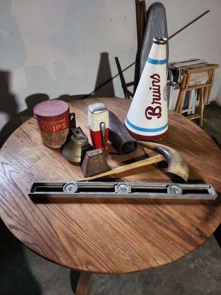 Vintage Decor - Cheerleading Horn, Chip Tin, Ice-O-Matic, Bells and Level image