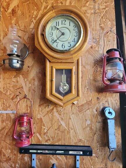 Lanterns, Wall Clock, Scale, Hitch and Bins with Contents image