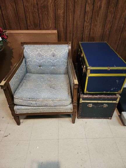 Upholstered Arm Chair and 2 Trunks image