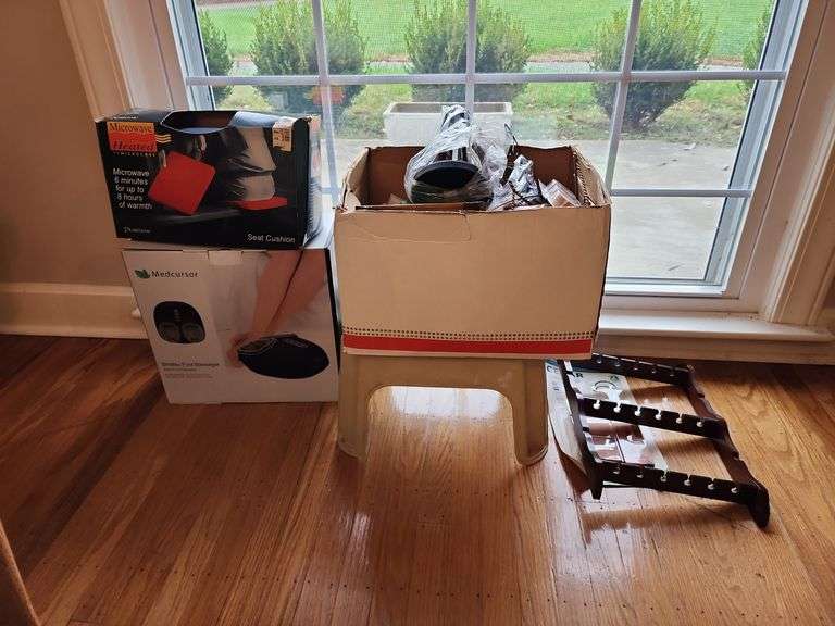Foot Massager, Heated Seat Cushion, Foot Stool, and Box Lot of Housewares image