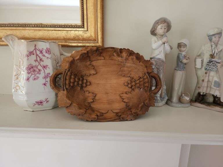 Assorted Home Decor - Carved Wooden Musical Tray, Pitcher, and 3 Figurines image