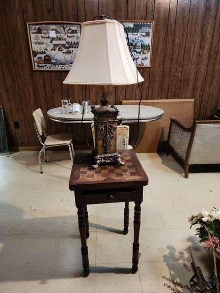 Checkerboard Board Inlaid Side Table 17"x18"x30 and Table Lamp image
