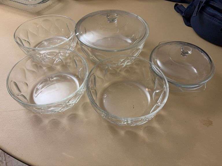 3 Glass Fruit Bowls and 2 Covered Glass Dishes image