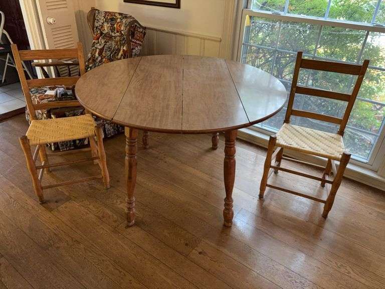 Drop Leaf Kitchen Table with 2 Woven Bottom Chairs 48”x30” image