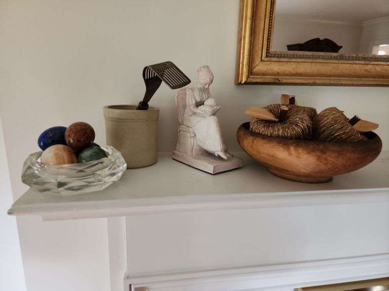 Assorted Home Decor - Stone Eggs, Ashtray, Small Statue, Wooden Bowl and Apples, Mini Stoneware Crock, and Masher image