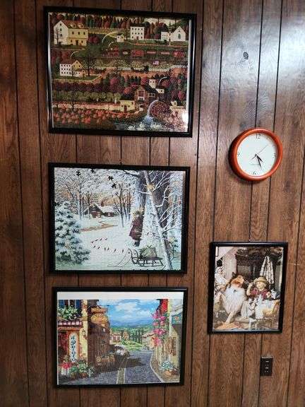 4 Framed Puzzles and Wall Clock image