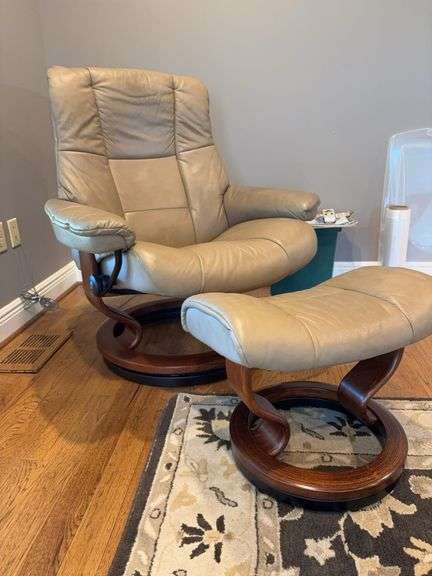 Ekornes Modern Wood Ring Arm Chair and Ottoman image