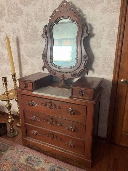 Marble Inlaid Mirror Top Dresser - 40”W x 19”D x 73”H image