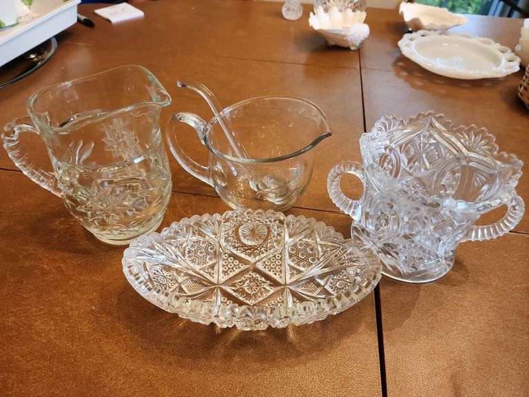 Assorted Glassware - Small Pitcher, Gravy Bowl w/ Ladle, Candy Dish, and Bowl w/ Handles image