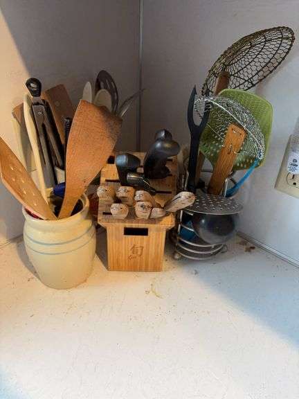 Knives in Block with Kitchen Utensils image