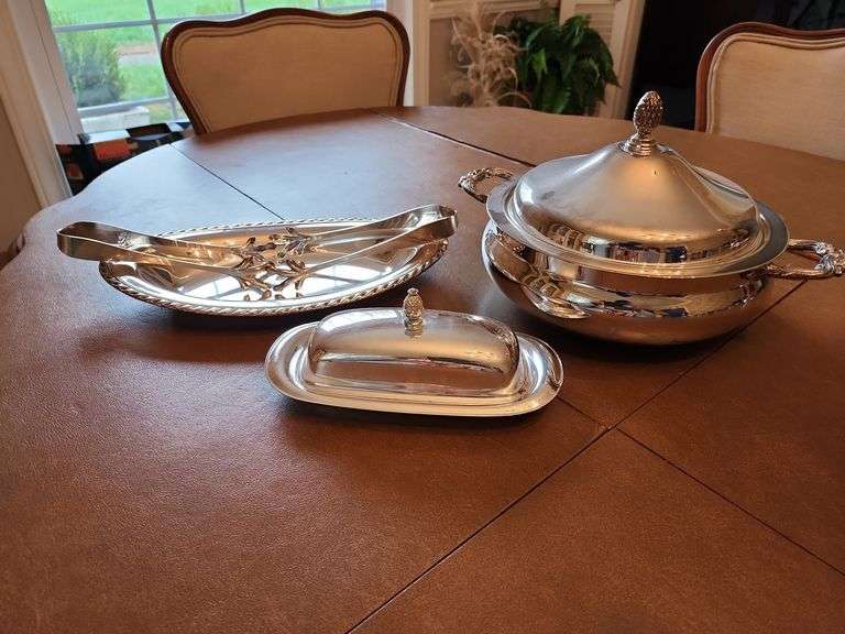 Silver Plated Covered Serving Dish, Butter Dish, Platter, and 2 Ice Tongs image