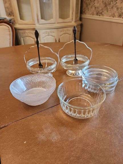 Assorted Servingware - Handled Sugar Bowl Holders, Glass Candy Dishes, Plastic Ice Cream Bowls image