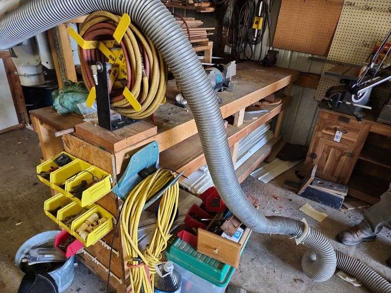 Workshop Table 92"x24"x39" with Bench Grinder, Vacuum Motor, Vise, and Hose Reel image