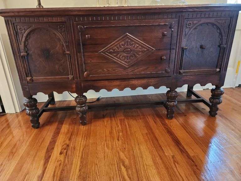 Antique Jacobean Ornate Wooden Buffet 68"x21"x38" image